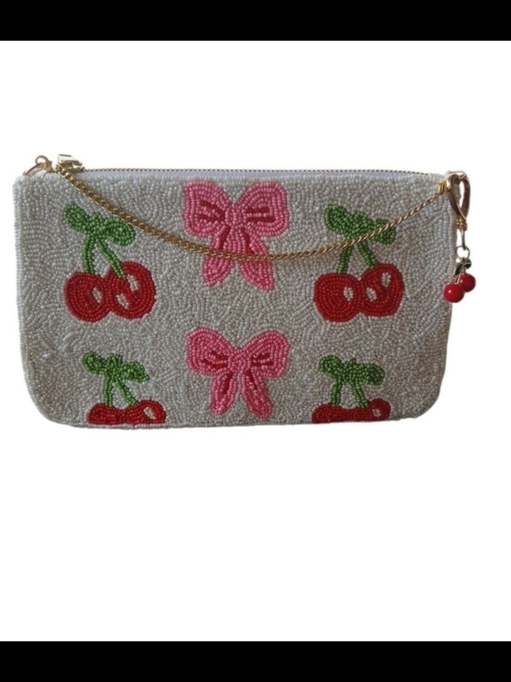 NWOT!Wildfox White Beaded Cherry & Pink Bow Wristlet with Gold Chain